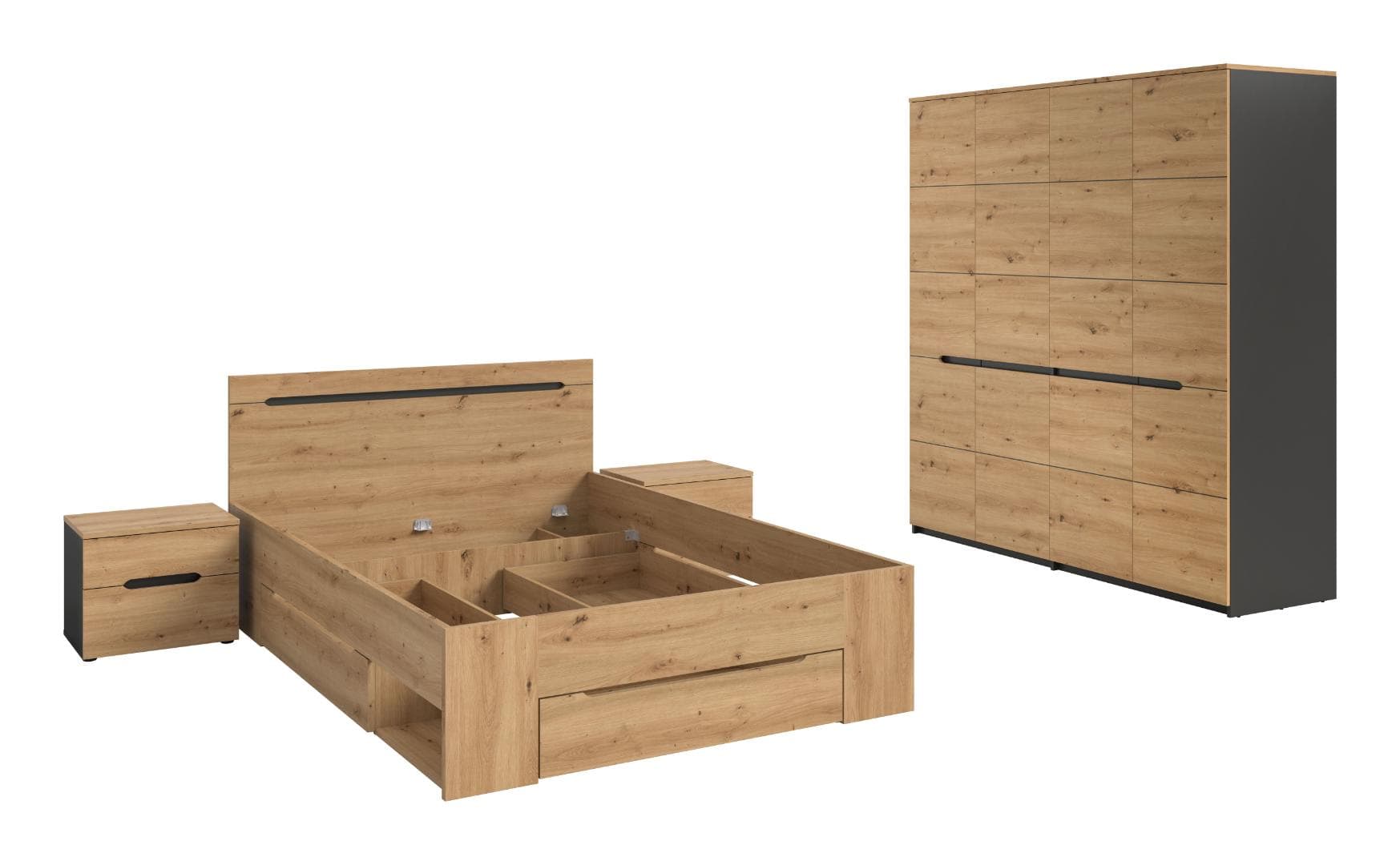 Canu Schlafzimmer-Set Bett 140x200 cm mit Stauraum, 2 Nachttische, 1 Schrank grau, Eiche Dekor.