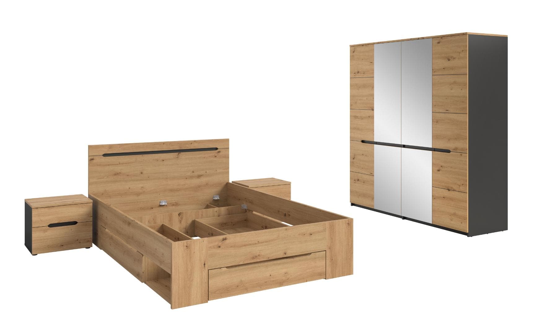 Canu Schlafzimmer-Set Bett 140x200 cm mit Stauraum, 2 Nachttische, 1 Schrank Spiegel grau, Eiche Dekor.