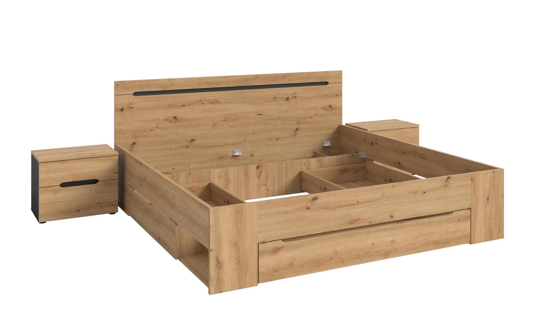 Canu Schlafzimmer-Set Bett 180x200 cm 3 Schubladen, 2 Nachttische grau, Eiche Dekor.