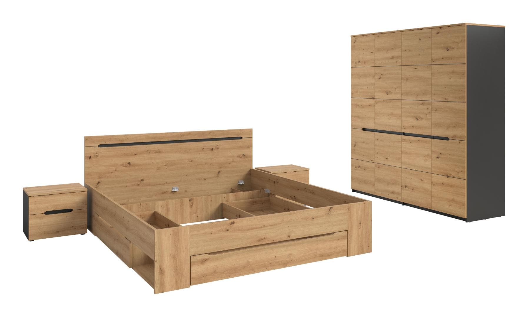 Canu Schlafzimmer-Set Bett 180x200 cm mit Stauraum, 2 Nachttische, 1 Schrank grau, Eiche Dekor.
