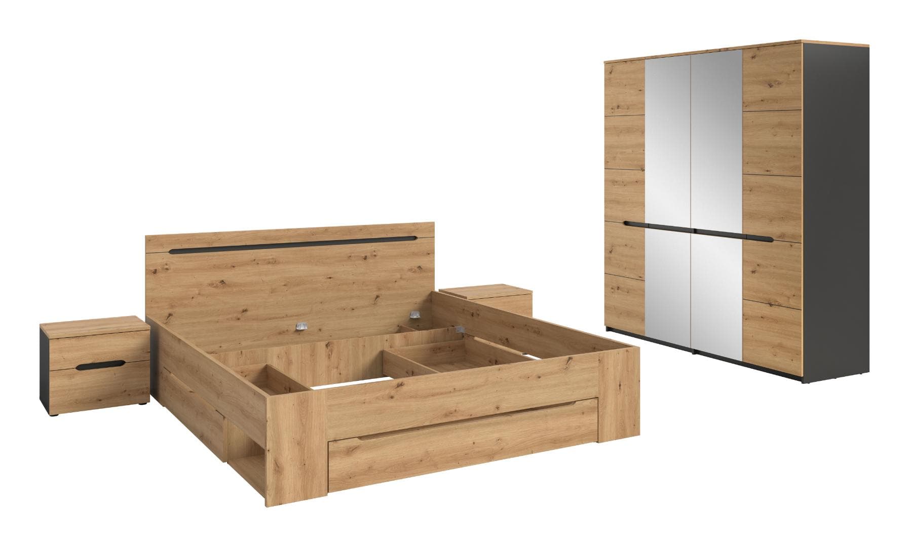 Canu Schlafzimmer-Set Bett 180x200 cm mit Stauraum, 2 Nachttische, 1 Schrank Spiegel grau, Eiche Dekor.