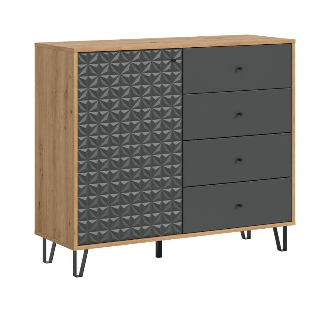 Prisma Sideboard 4 Schubladen, 1 Tür Eiche Dekor, grau matt.