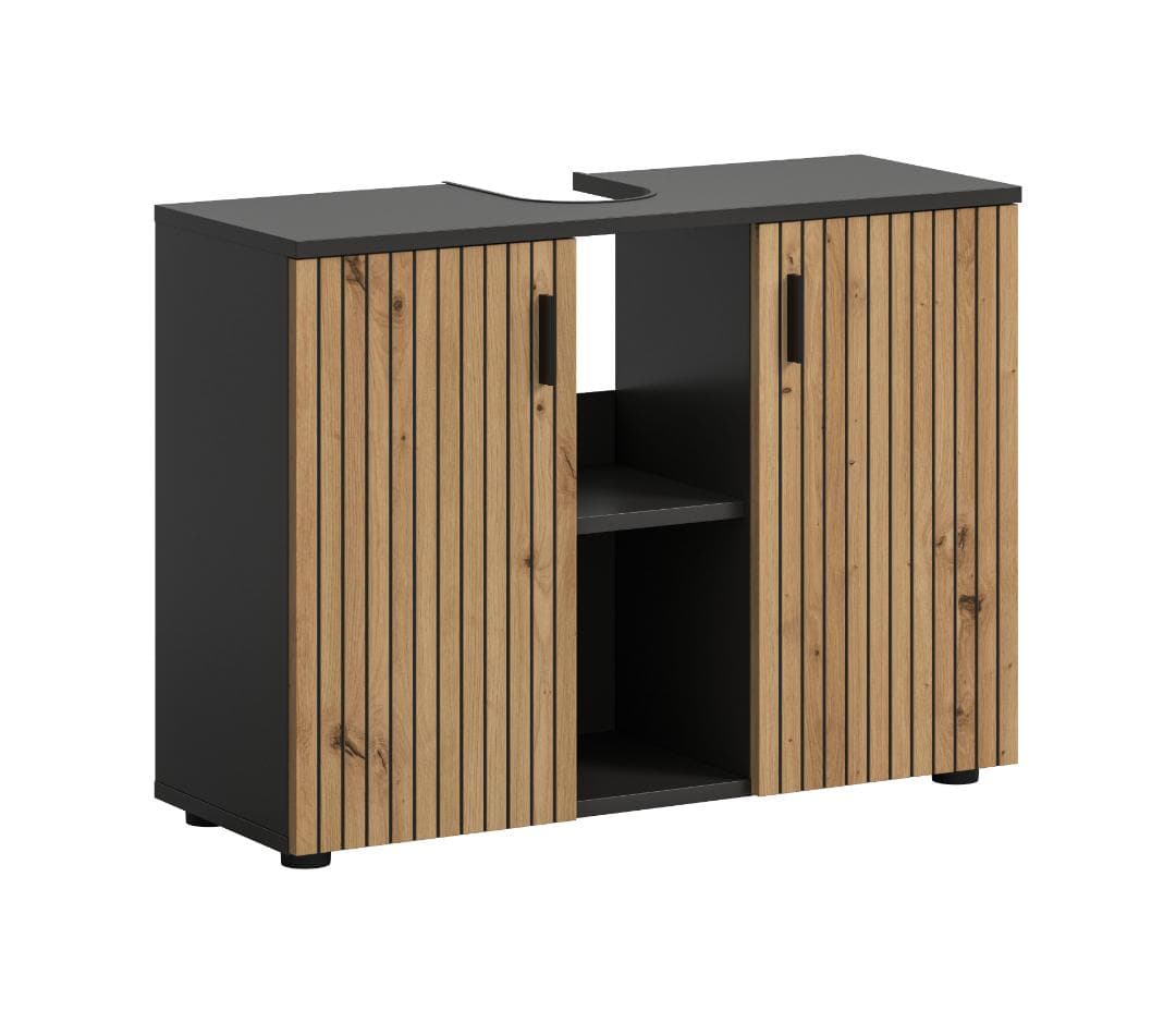 Mone Waschbeckenunterschrank 2 Türen, 2 Regale Eiche Dekor, dunkelgrau.