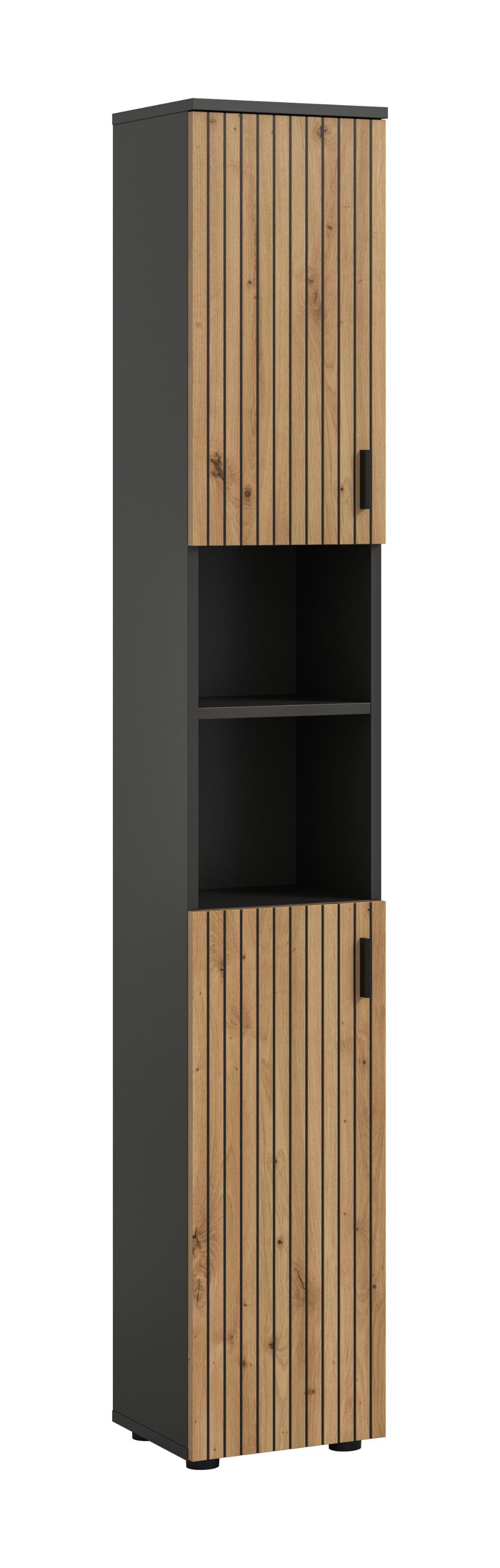 Mone Hochschrank Bad 2 Türen, 2 Regale Eiche Dekor, dunkelgrau.