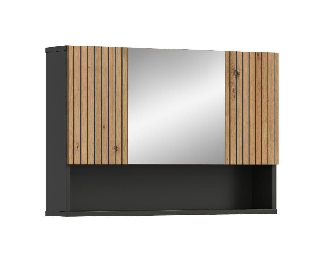 Mone Spiegelschrank Bad 2 Türen, 1 Spiegeltür, 1 Regal Eiche Dekor, dunkelgrau.