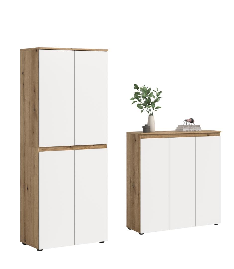 Scarpa Schlafzimmer-Set Kleiderschrank und Sideboard, 7 Türen Eiche Dekor, weiß.