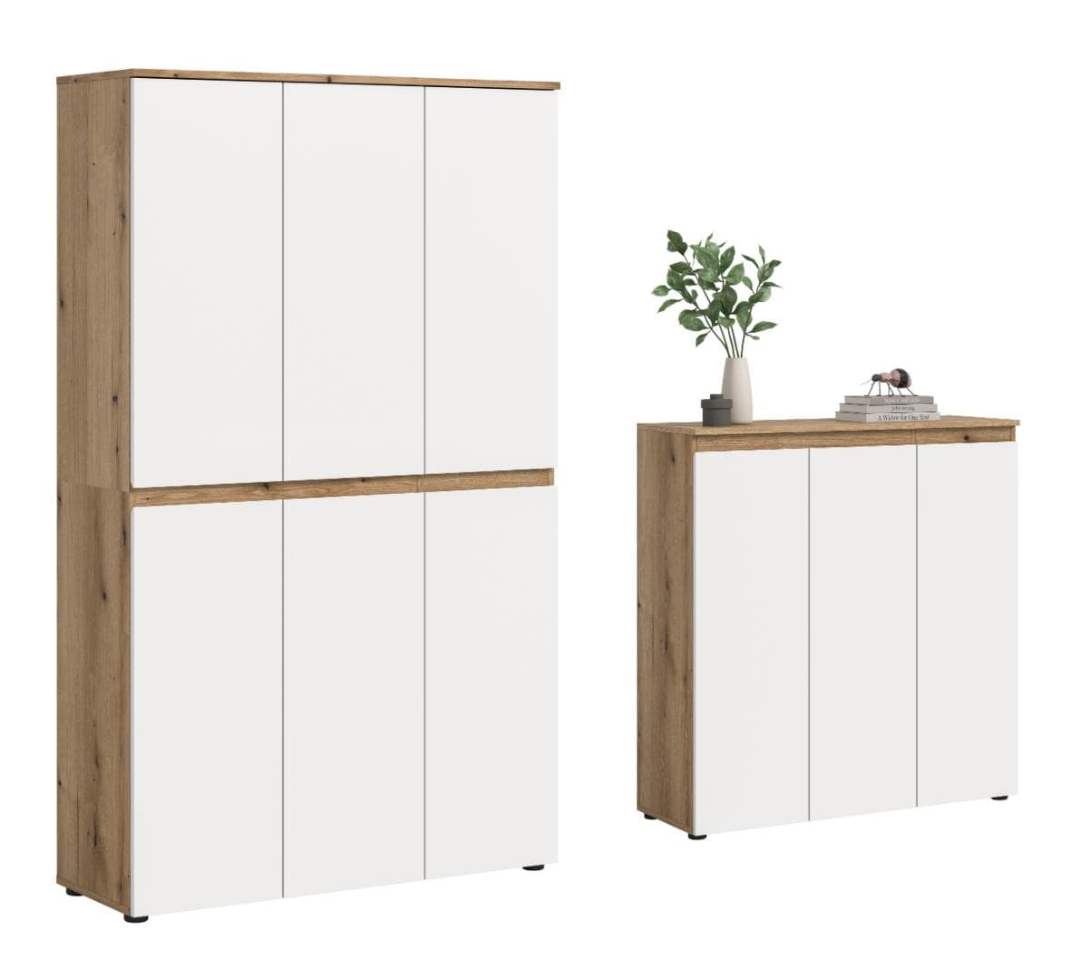 Scarpa Schlafzimmer-Set Kleiderschrank und Sideboard, 9 Türen Eiche Dekor, weiß.