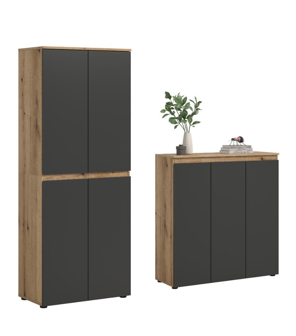 Scarpa Schlafzimmer-Set Kleiderschrank und Sideboard, 7 Türen Eiche Dekor, Anthrazit.