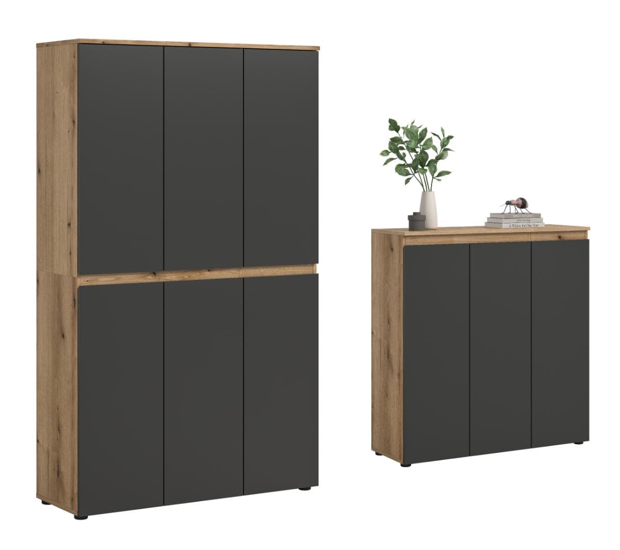 Scarpa Schlafzimmer-Set Kleiderschrank und Sideboard, 9 Türen Eiche Dekor, Anthrazit.
