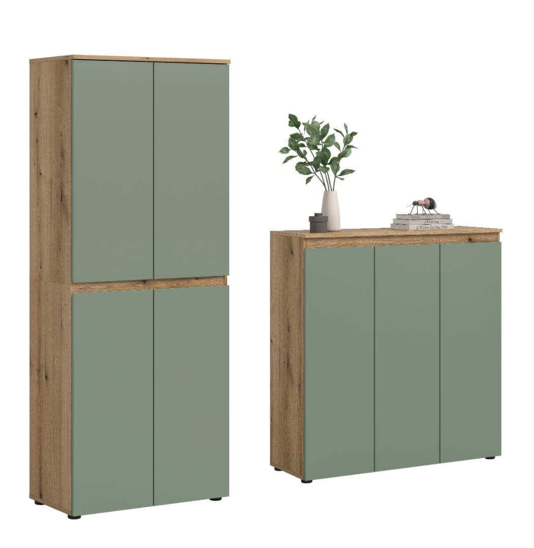 Scarpa Schlafzimmer-Set Kleiderschrank und Sideboard, 7 Türen Eiche Dekor, staubgrün.
