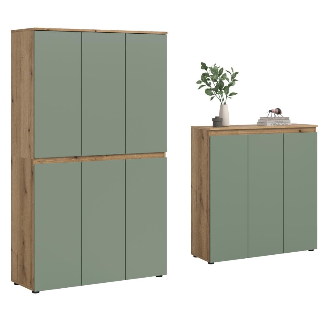 Scarpa Schlafzimmer-Set Kleiderschrank und Sideboard, 9 Türen Eiche Dekor, staubgrün.