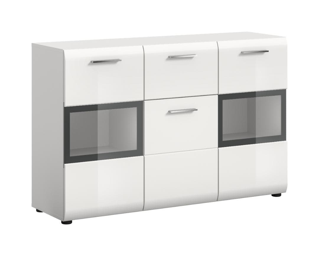 Ice Sideboard 1 Schublade, 1 Tür, 2 Glastüren weiß, weiß Hochglanz.