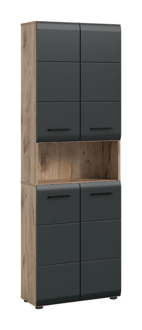 Ice Hochschrank Bad 4 Türen, 1 Regal Schwarz matt, Eiche Dekor.