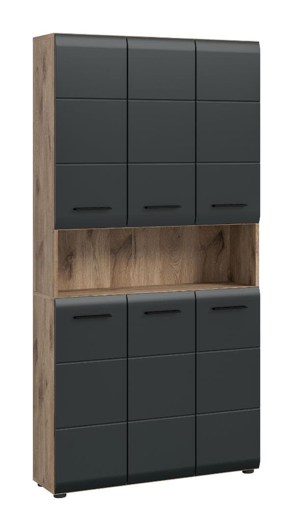 Ice Badschrank 6 Türen, 1 Regal Schwarz matt, Eiche Dekor.