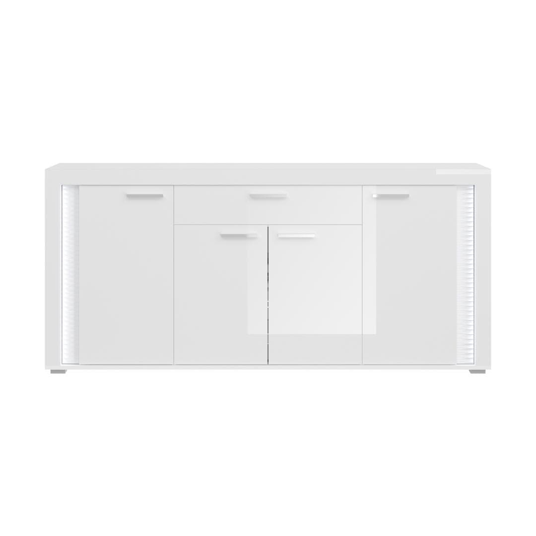 Skylight Sideboard 4 Türen, 1 Schublade mit Licht Hochglanz weiß,Glas grau,weiß.