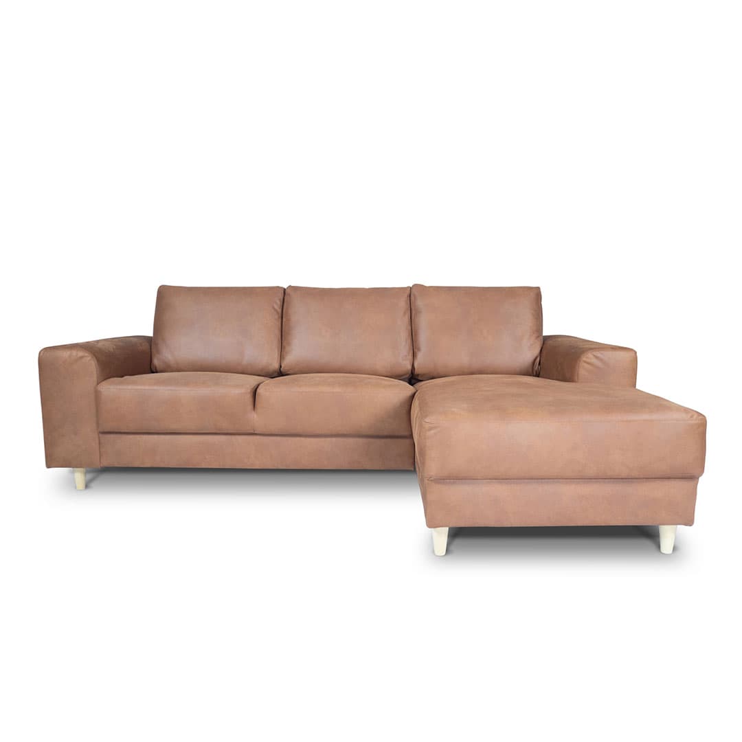 Nordic Sofa mit Chaiselong rechts gewendet Cognacfarben Lederfaserstoff.