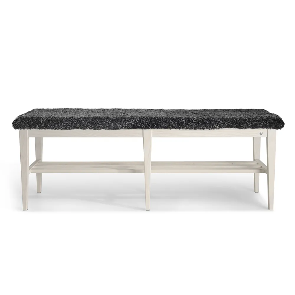 Oscarssons Möbel, Nadja Bench 130 cm Esche/Schafsfell weiß geölt Dunkelgrau