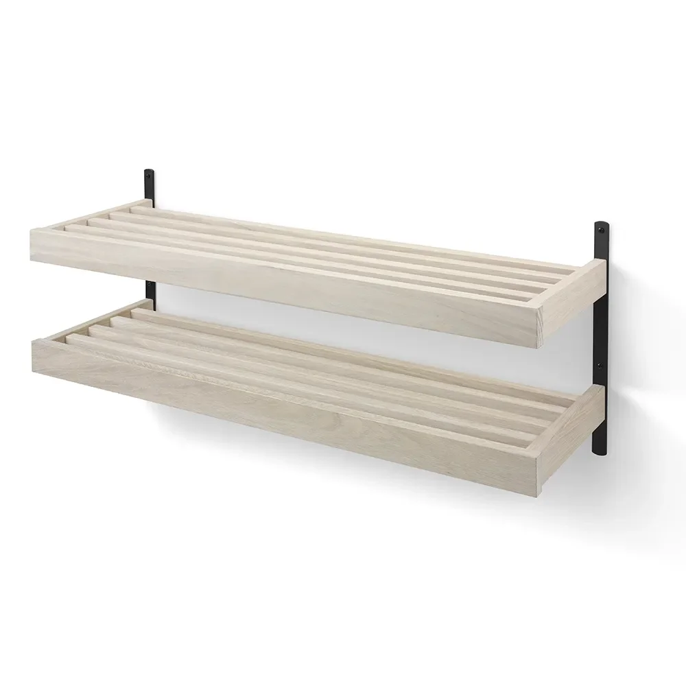 Oscarssons Möbel, Nadja Schuhregal 100 cm 2-stöckig an der Wand montiert Weiß geölte Eiche/Mattschwarzer Stahl