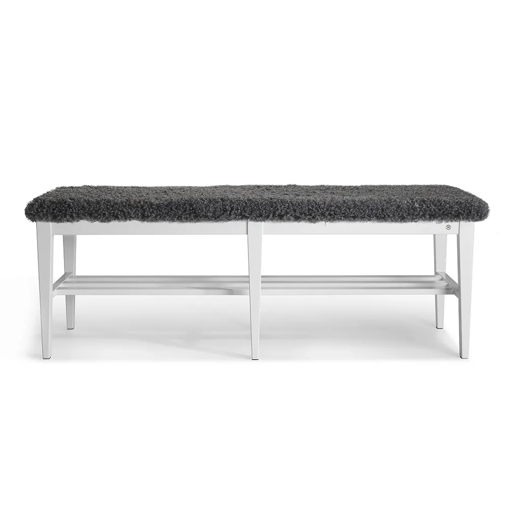 Oscarssons Möbel, Nadja Bank 130 cm Birke/Schafsleder weiß lackiert Look Grey