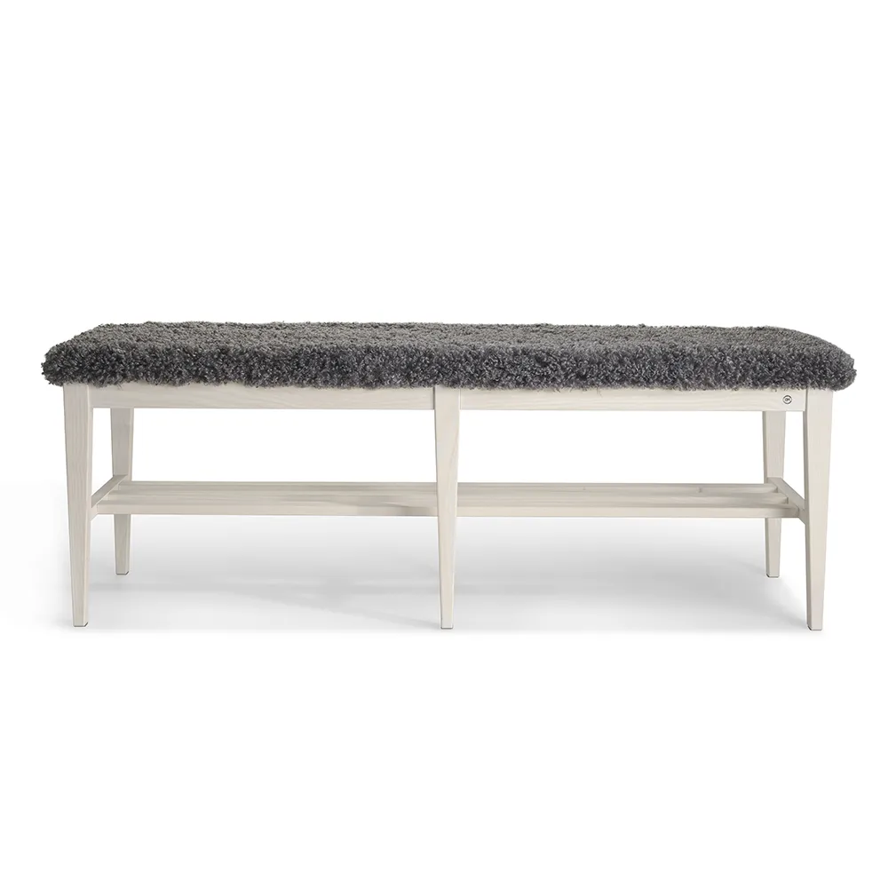 Oscarssons Möbel, Nadja Bank 130 cm Esche/Schafsfelloptik Weiß geölt Grau
