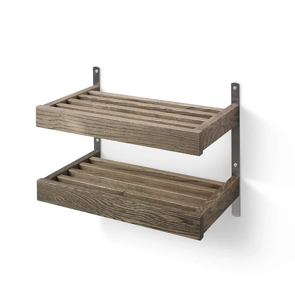 Oscarssons Möbel, Nadja Schuhregal 50 cm 2 Ebenen an der Wand montiert Eiche geräuchert/geschliffener Stahl