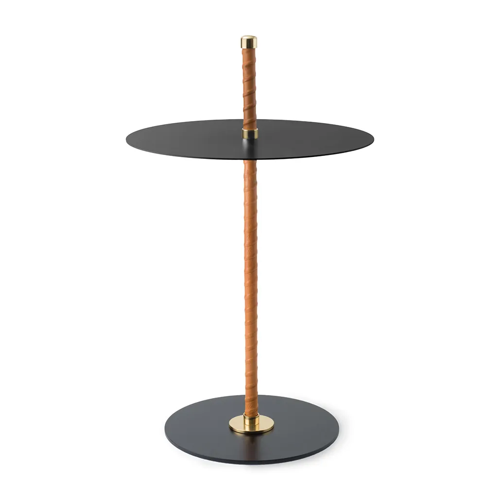 Klong, Cabaret Beistelltisch Schwarzes Leder, Messing und Stahl