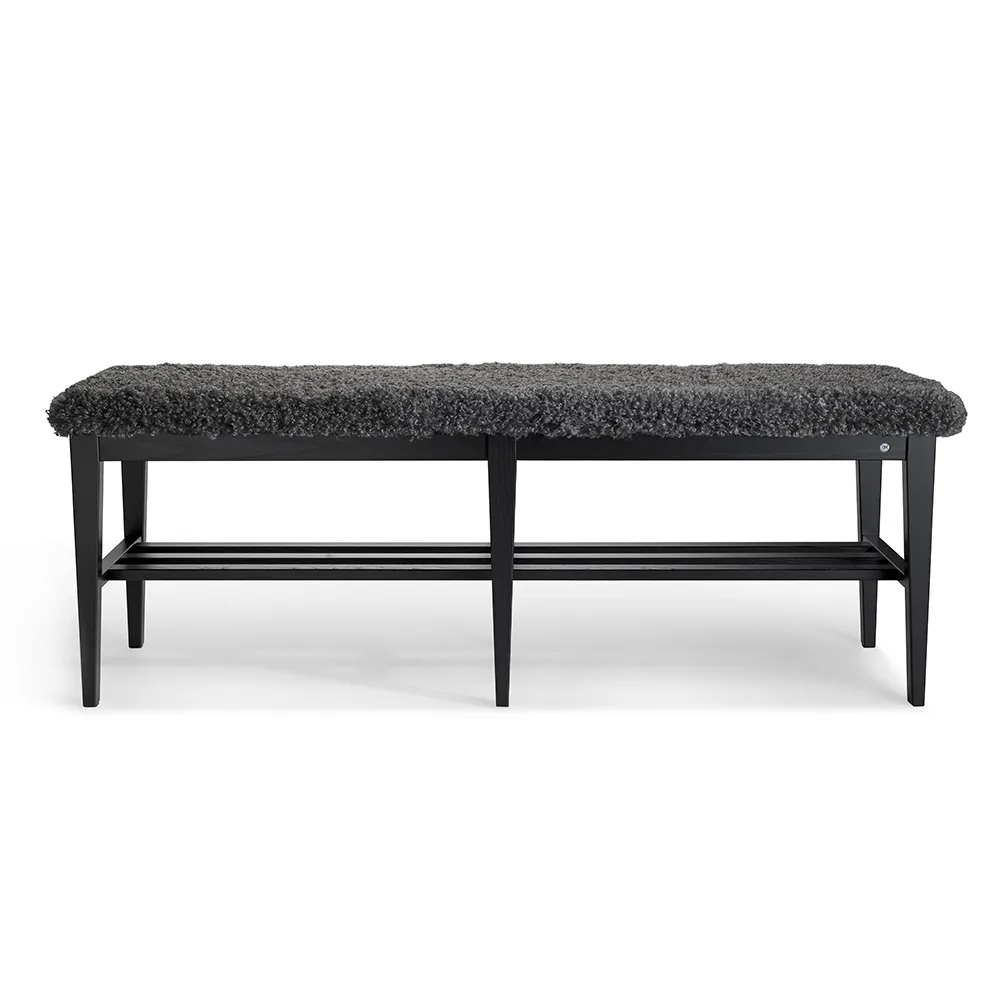 Oscarssons Möbel, Nadja Bench 130 cm Esche schwarz gebeizt/Schafsfell Look Grey